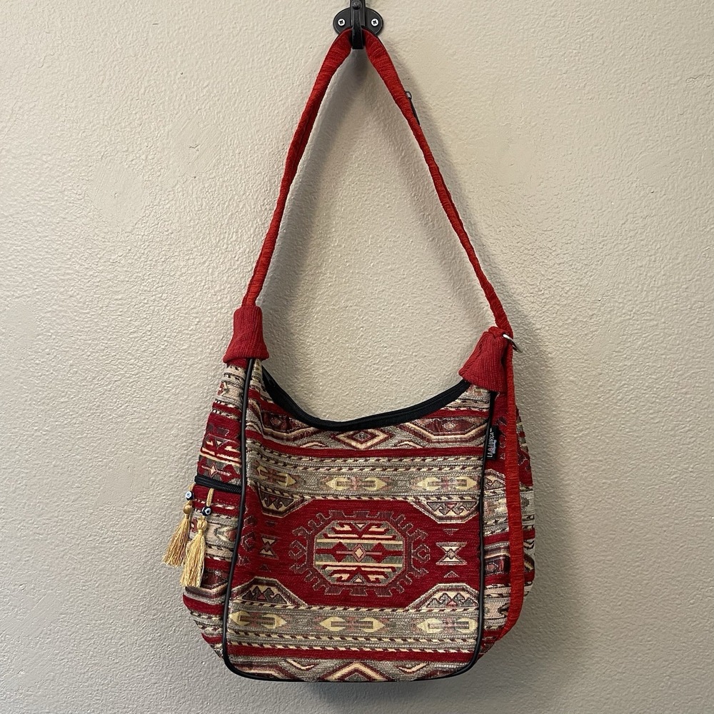 NEW La Turca Tapestry Shoulder Bag Bead & Tassel Detail Red Multi Boho Hippie